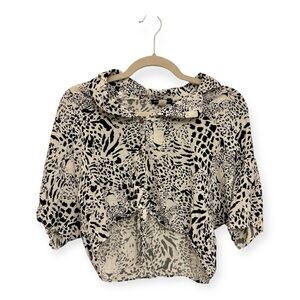 Basil & Lola Black White Leopard Print Tie Front Blouse Retro Y2K Top Small